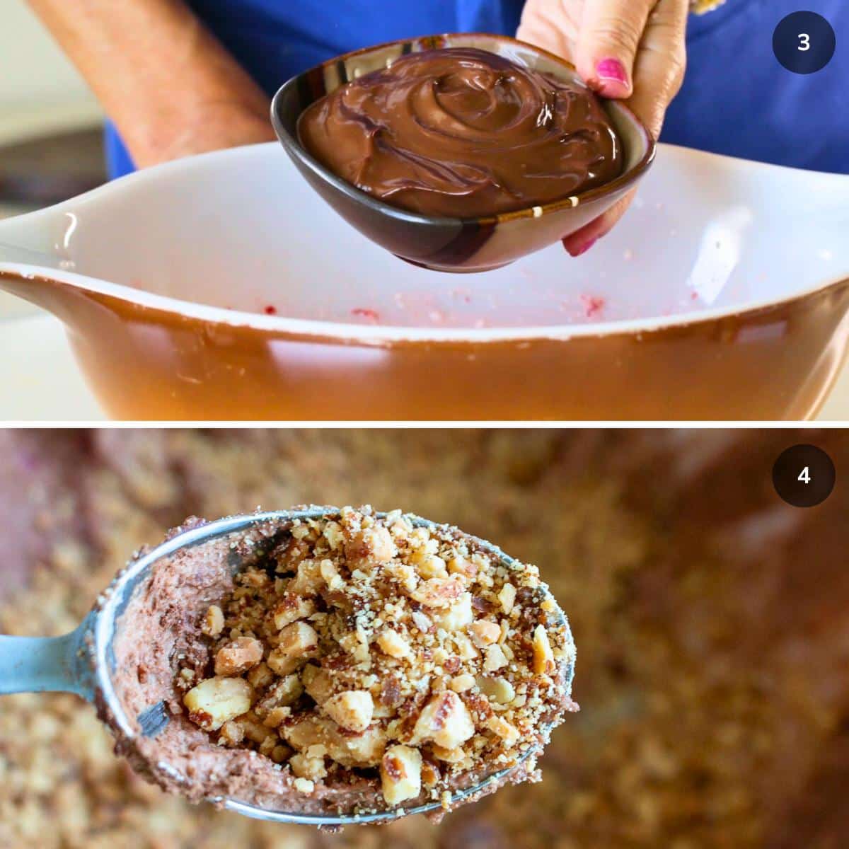 Adding in the rich homemade chocolate pudding and roughly chopped almonds to the cheesecake mixture. 