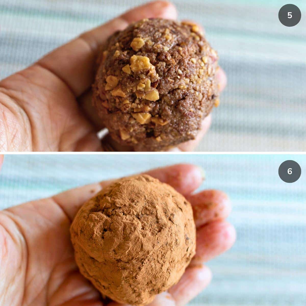 Rolling the frozen cheesecake mixture into balls and dusting with unsweetened cocoa powder. 