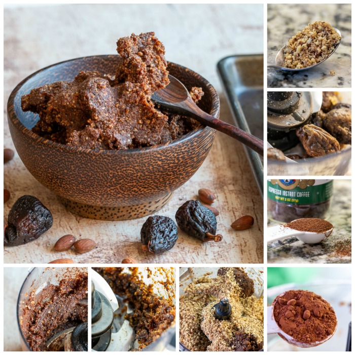 Step by Step photo on how to prepare the chocolate espresso fig balls in a food processor.