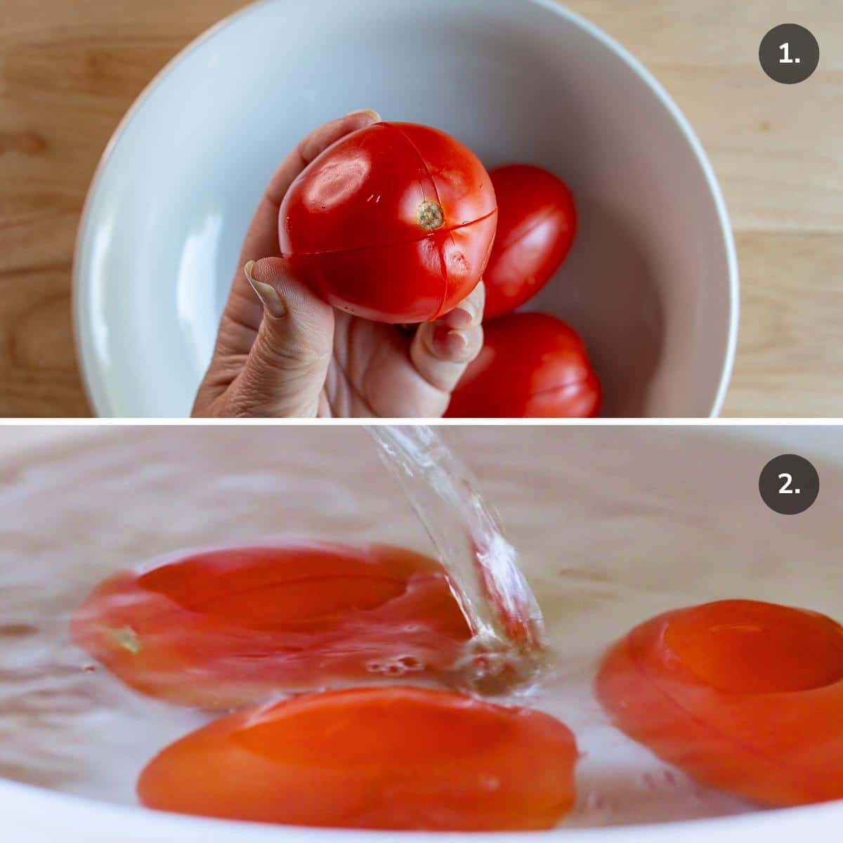 Making a slit in tomatoes and pouring over hot water.