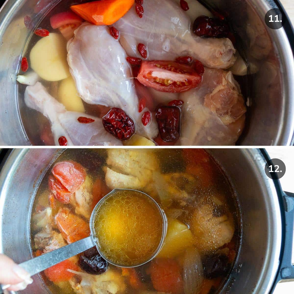 Putting the chicken and vegetables in Instant pot and showing it after cooked with clear broth in the ABC soup. 