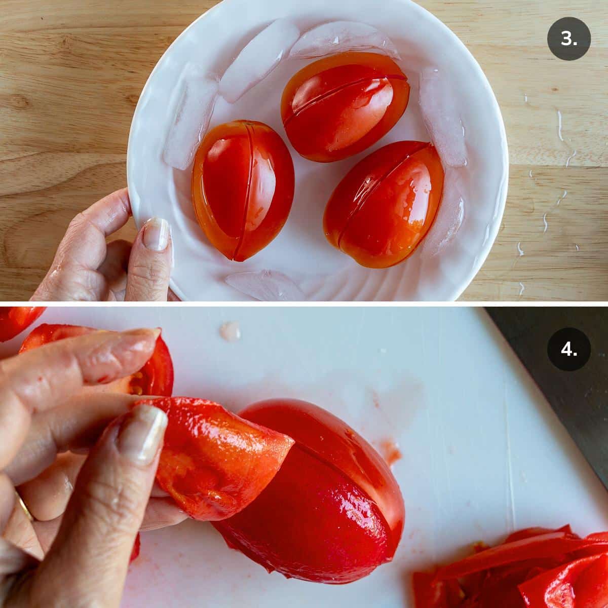 Peeling the tomatoes.