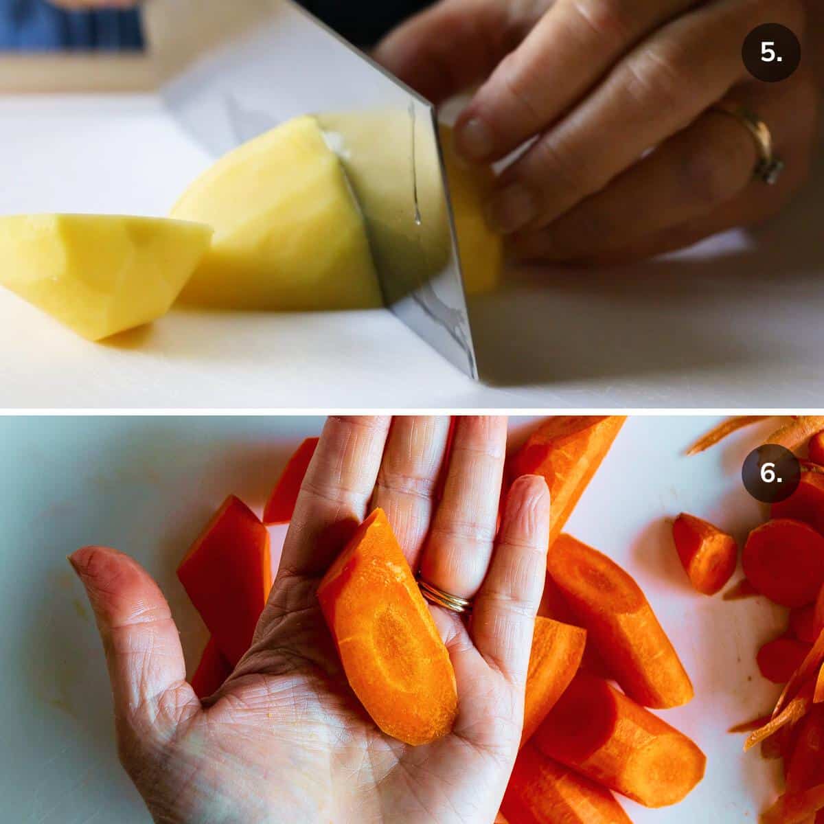 Chopping potatoes and carrots into large chunks.