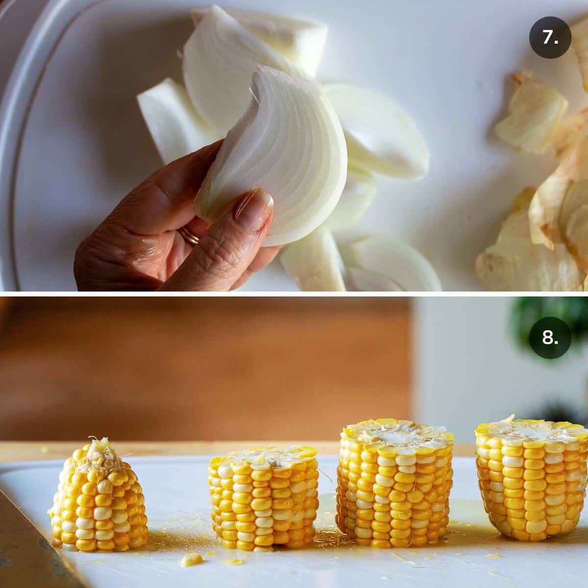 Chopping onion and Corn on the cob. 