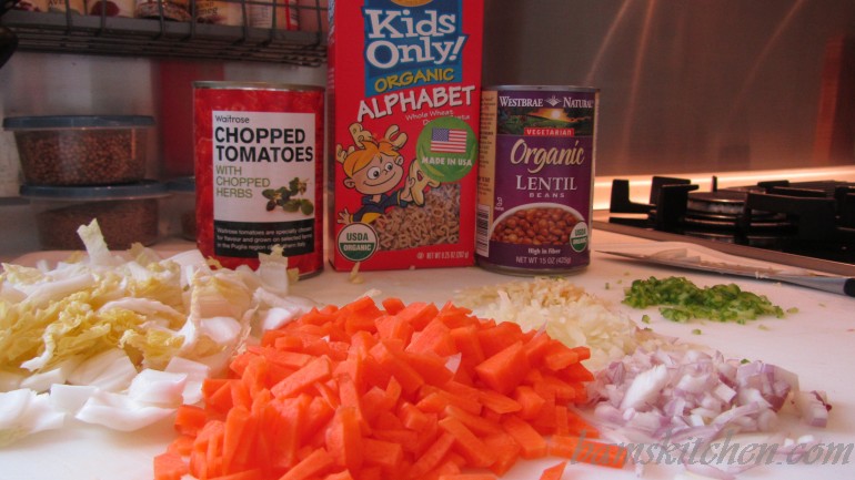 All the ingredients chopped up and ready to go into the soup.