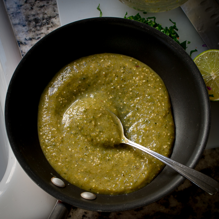 Roasted Tomatillo Salsa in a black pan