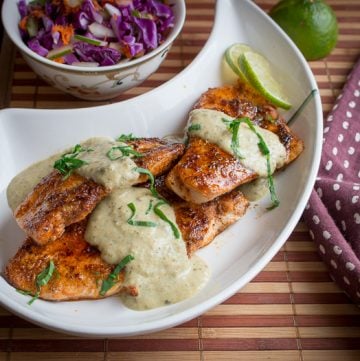 Top down photo of tomatillo salsa on chicken with a coleslaw