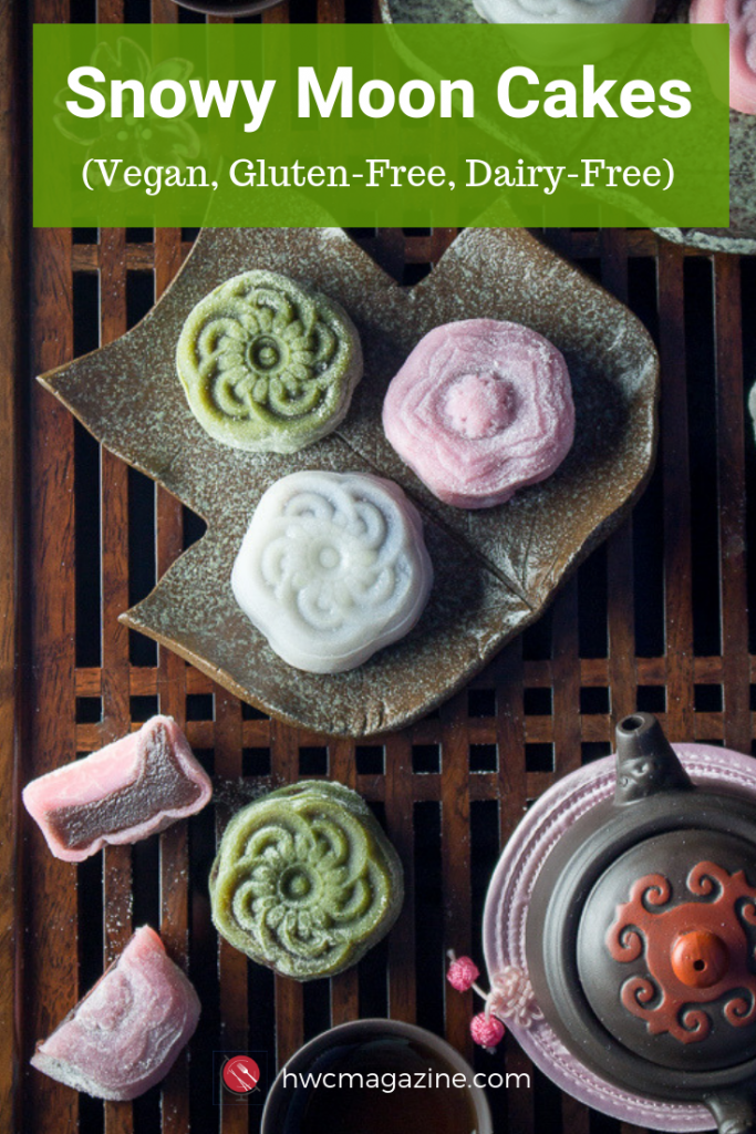 Homemade Snowy Moon Cakes are delicious NO-BAKE moon shaped dessert treats. Perfect for sharing over Mid-Autumn Festival with chewy tender mochi like skin and stuffed with sweet red bean paste.#mooncakes #midautumnfestival #chinese #sweettreat #dessert #dimsum #glutenfree #dairyfree #vegan/ https://www.hwcmagazine.com