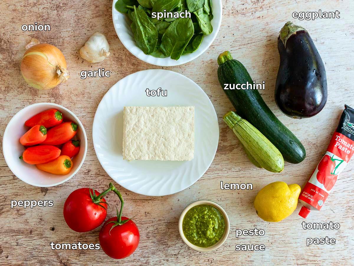 Ingredients to make sheet pan vegetables and a vegan tofu dip.