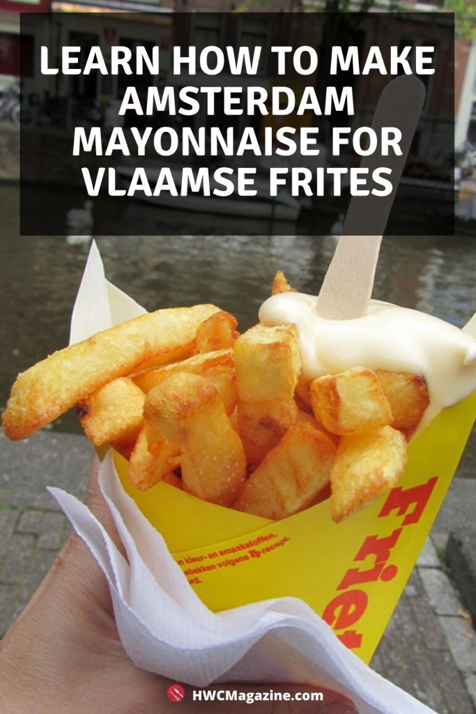 Amsterdam Frites with a hiuge dollop of mayo on top with the canal of Amsterdam in the background.