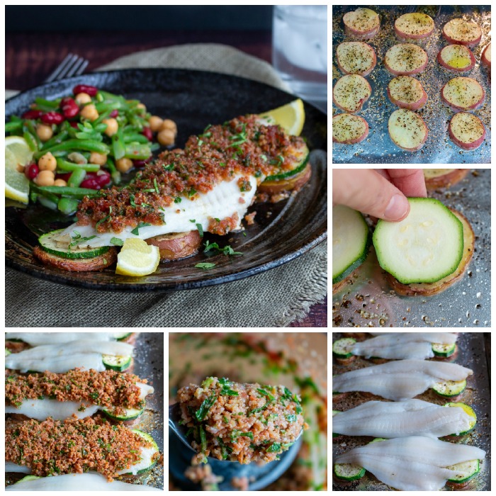 Step by step collage-baked potatoes, then adding on the zucchini and then fish and then chorizo topping and then the final baked product. 