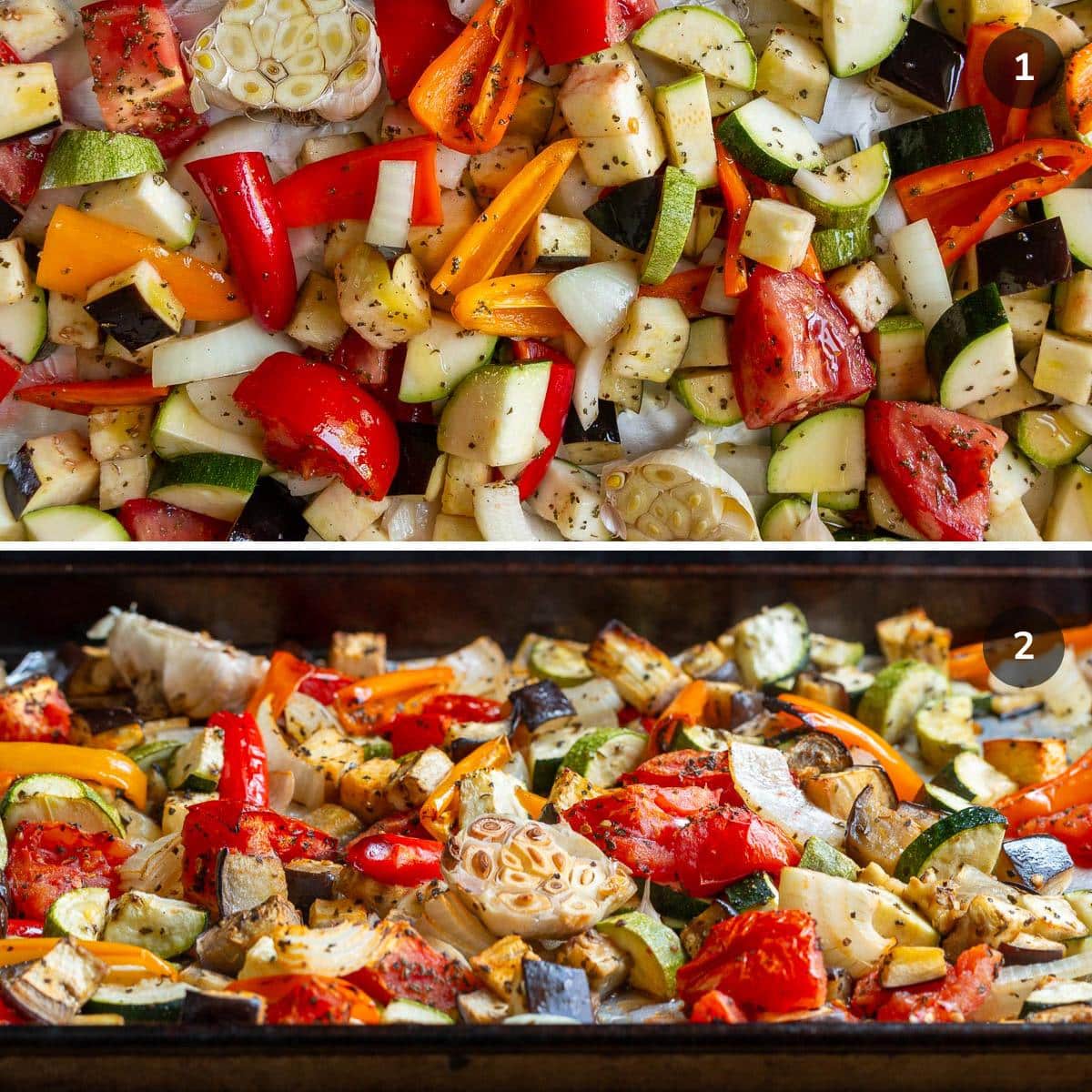 Raw vegetables on a baking sheet and showing them caramelized after roasting.  