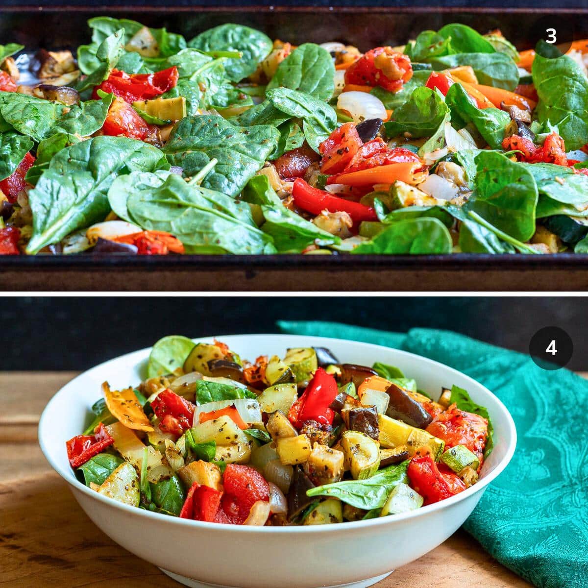 Adding raw spinach to the roasted veggies and then placed into a white serving bowl. 