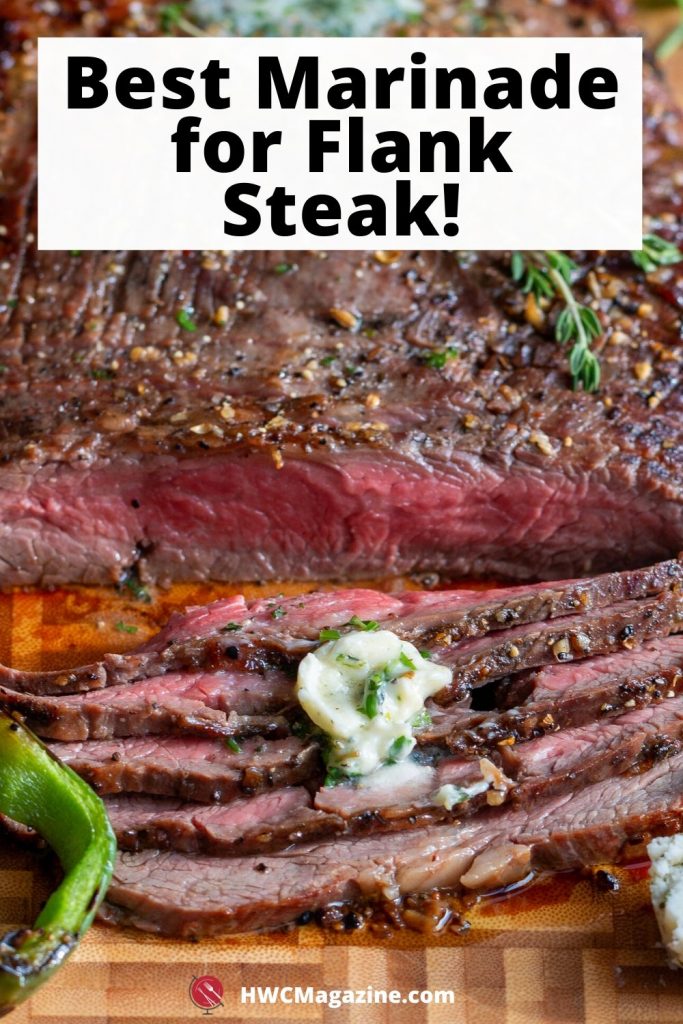 grilled flank steak cooked to perfection and cut into thin slices on a wooden cutting board.