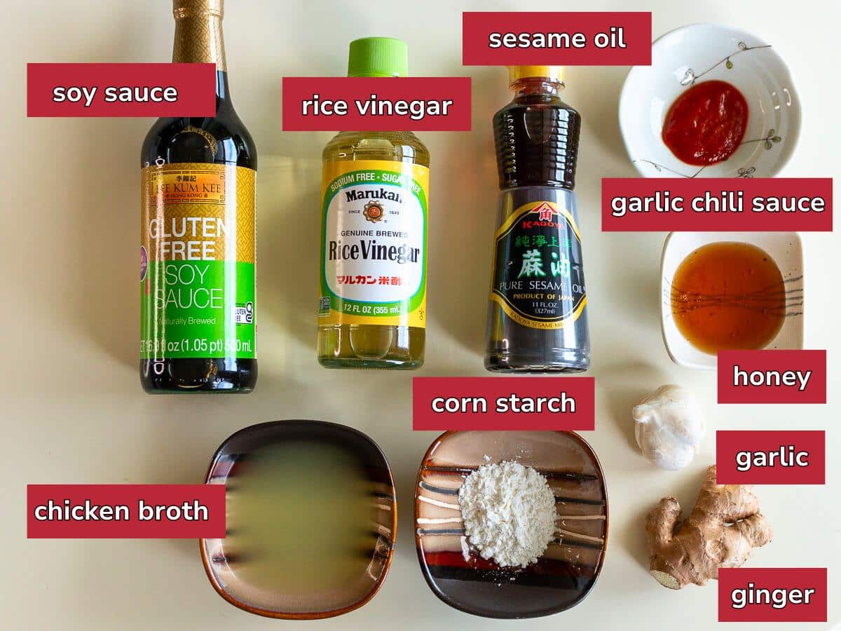 Ingredients to make General Tso's gluten free sauce laid out on a beige table.