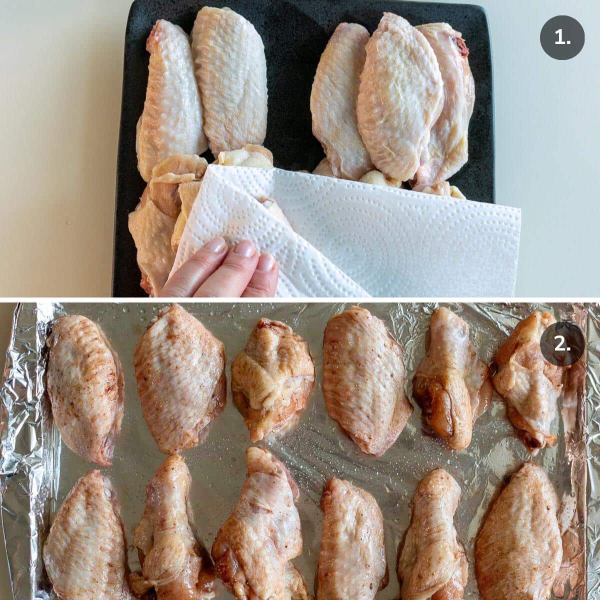Patting the chicken drumsticks dry and ready for the oven. 