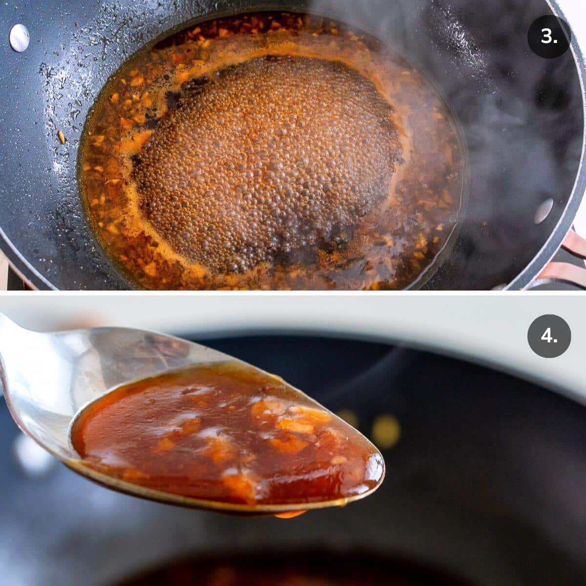 Cooking the Asian sauce in a black wok and thickened in a spoonful. 