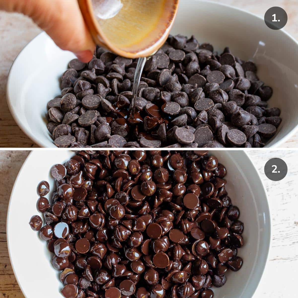 Pouring coconut oil into the vegan dark chocolate chips.