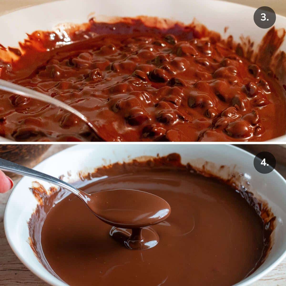 Dark chocolate partially melted and all the way melted in a white bowl.