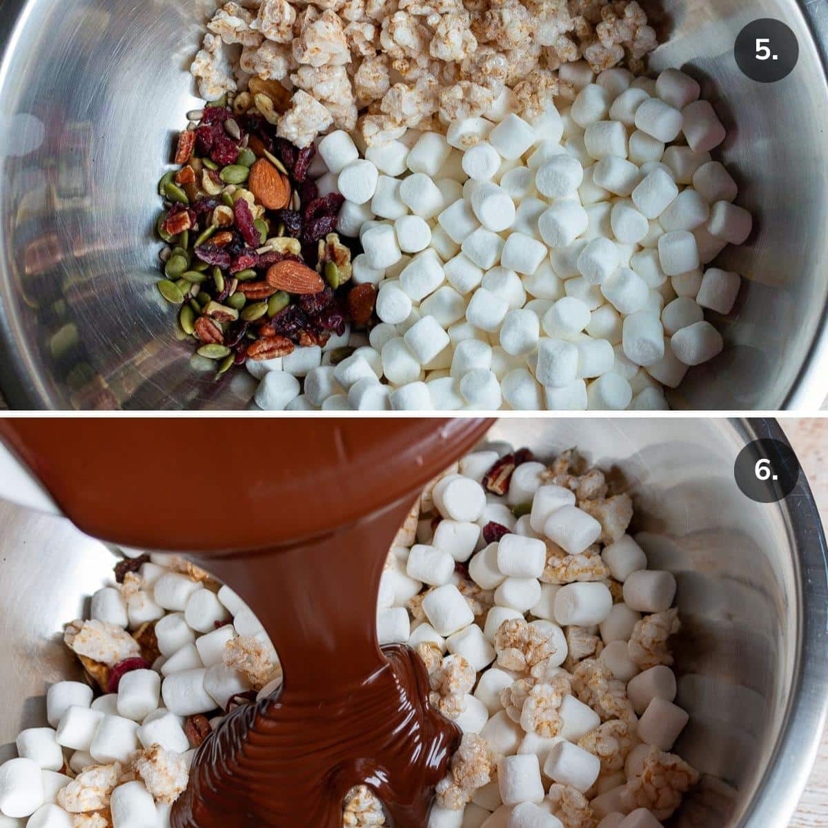 Gluten free dry rice crackers, marshmallows and trail mix getting melted dark chocolate drizzled on top.