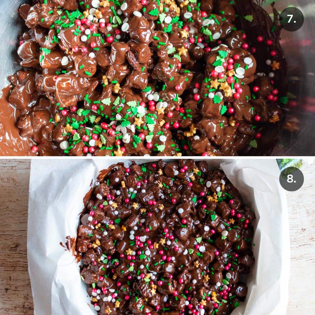 Rocky road mixed together and placed into a parchment lined baking dish. 
