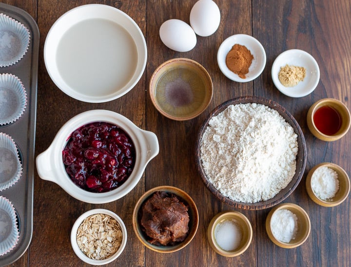 Ingredients for muffins laid out on table.