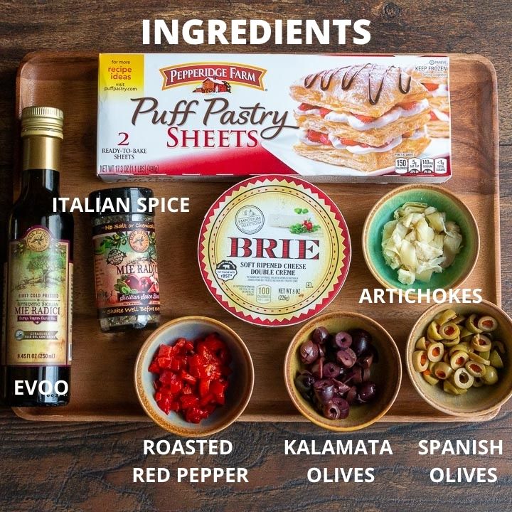 Ingredients used for Savory Baked Brie in Puff Pastry.