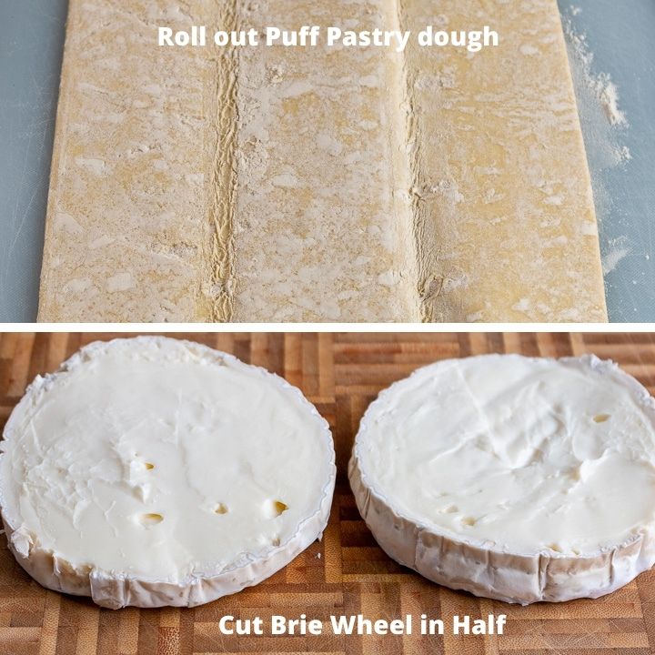 Roll out pastry dough and cut brie in half.