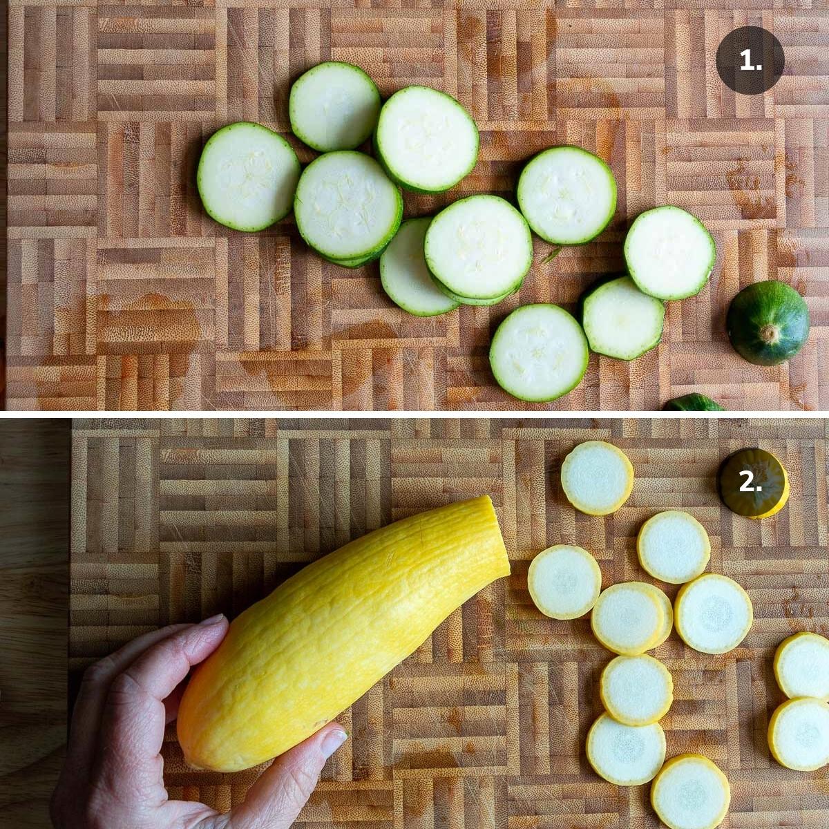Slicing zucchini and yellow squash in ¼ inch slices.