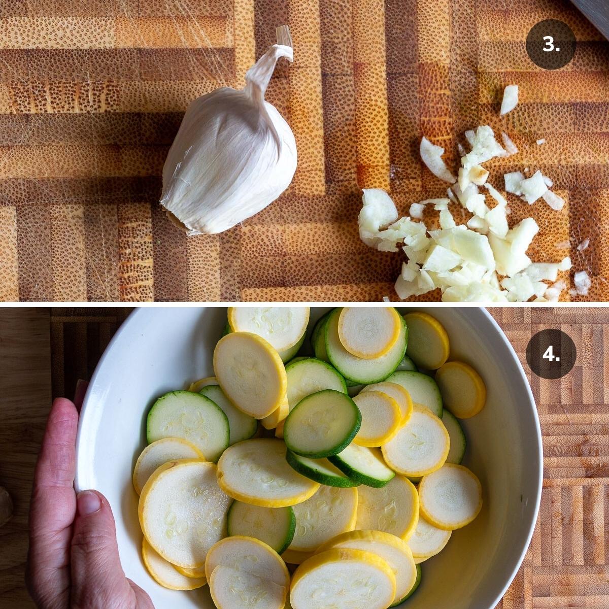 Mincing garlic and tossing veggies in garlic, olive oil and seasonings.