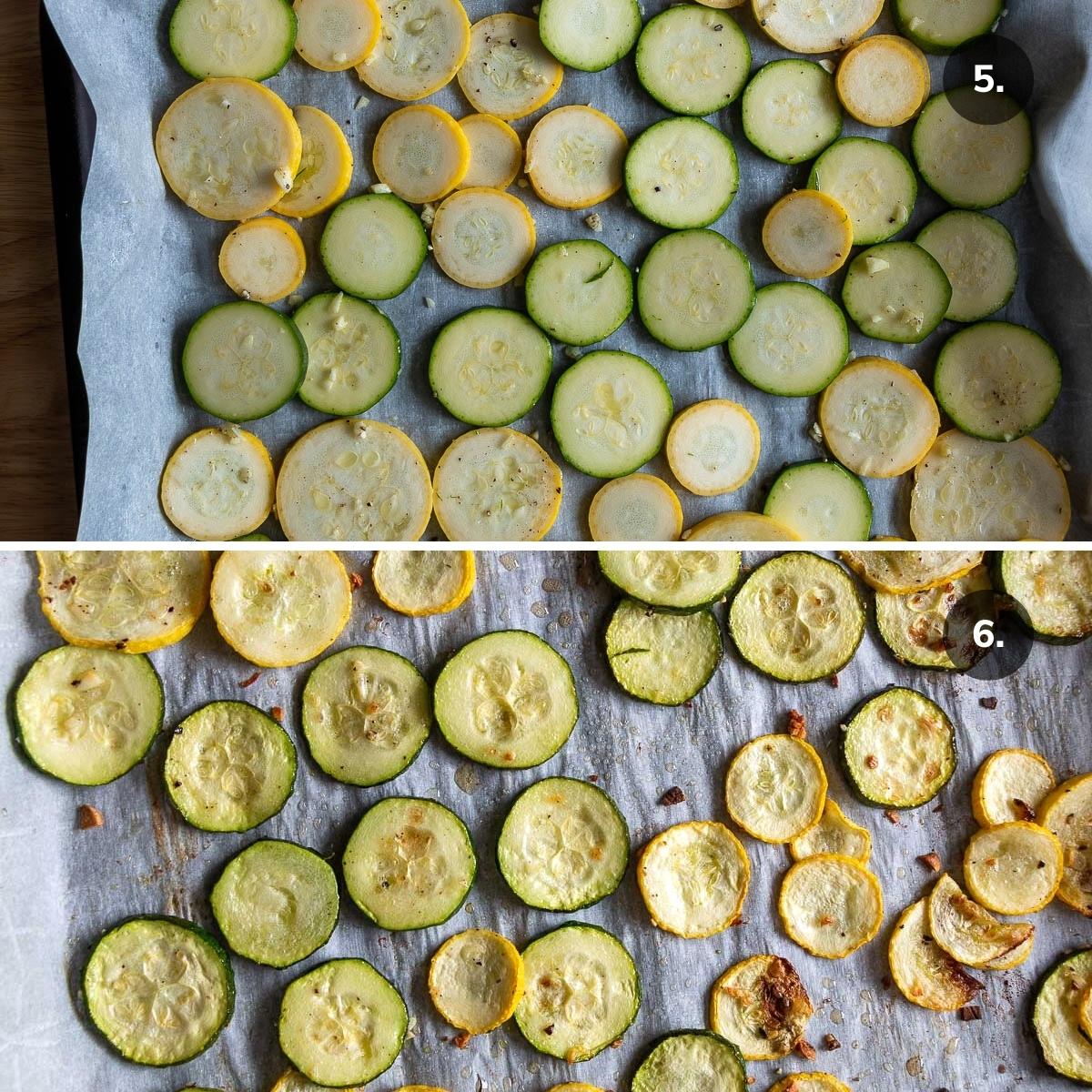 Single layered summer squash before and after air frying.