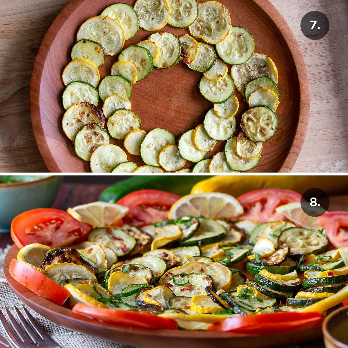 Air fried roasted zucchini and squash artfully layered in a wooden plate and garnished.
