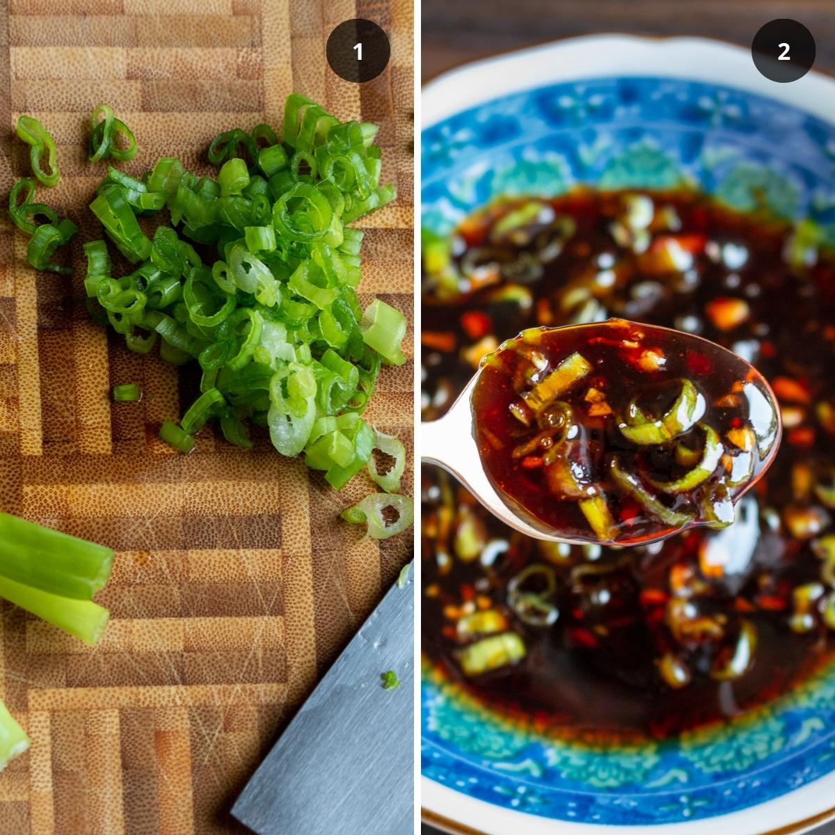 Chopped green onions and completed garlic sauce in a little blue bowl.