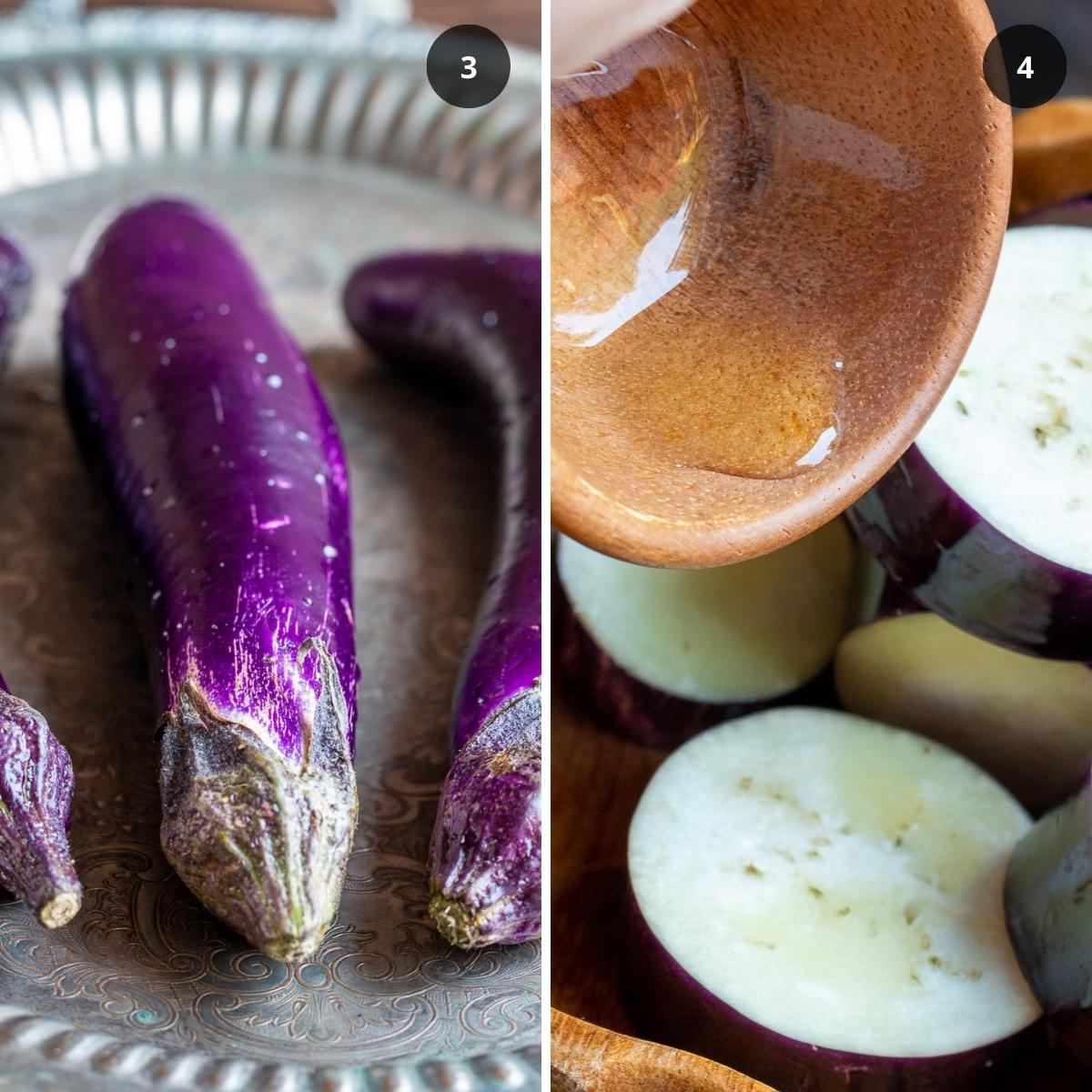 Chinese whole eggplants and also some chopped with drizzling on oil.