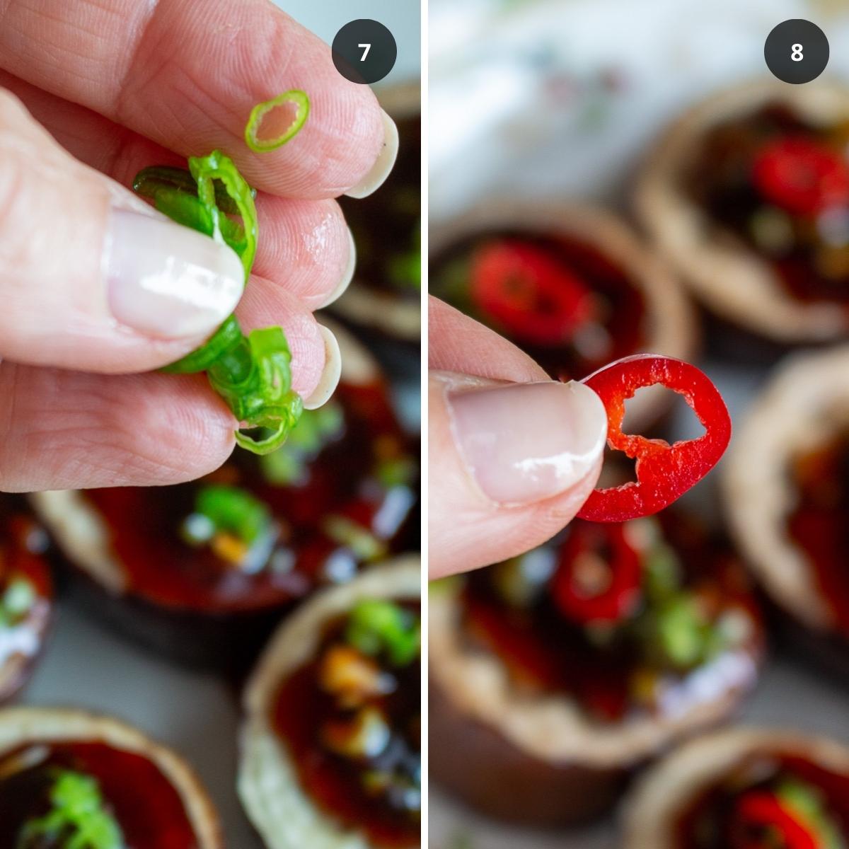 Adding green onions and chili garnishes.