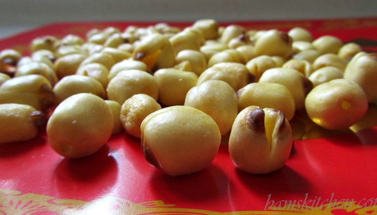 Lotus Seeds on a red plate.