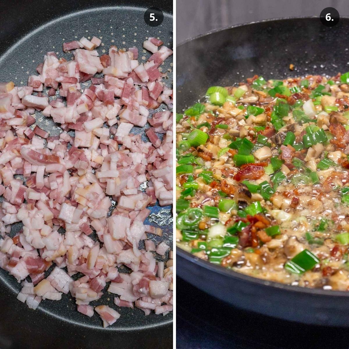 Bacon frying with mushrooms and aromatics.