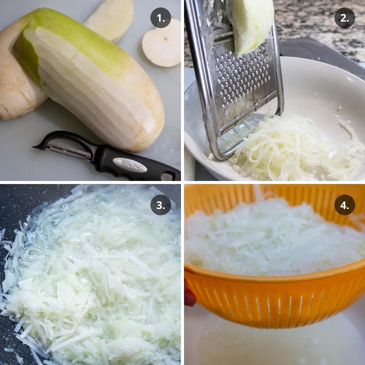 Prepare the daikon, peel, shred, cook and straining.