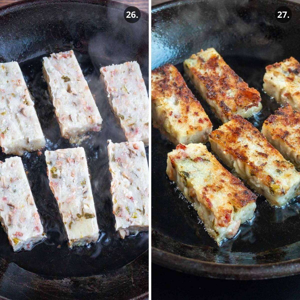 Pan frying bacon turnip cakes in an iron skillet.