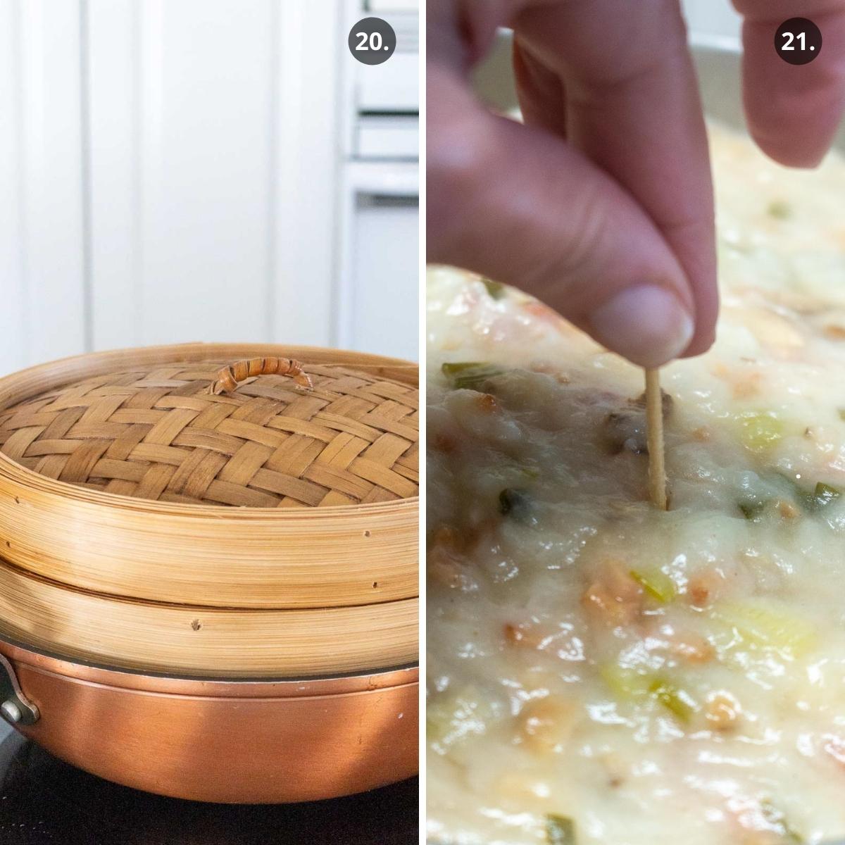 Steaming Daikon Bacon Radish cake in a bamboo steamer and checking doneness with a toothpick.