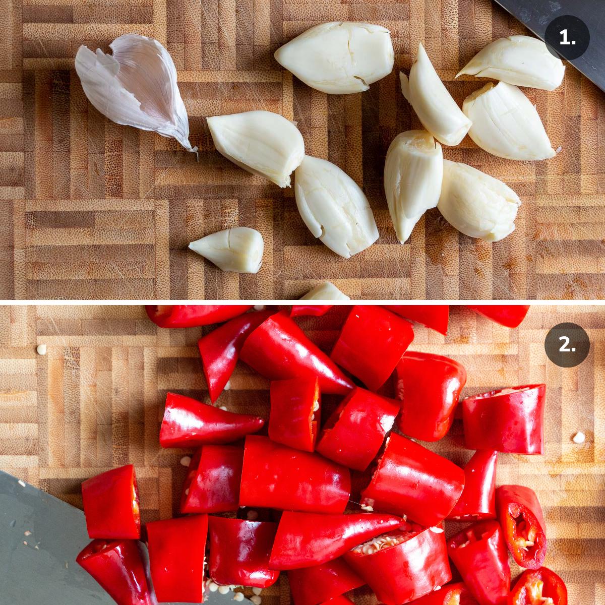 Removing the skin from garlic and chopping Fresno Chili Peppers.
