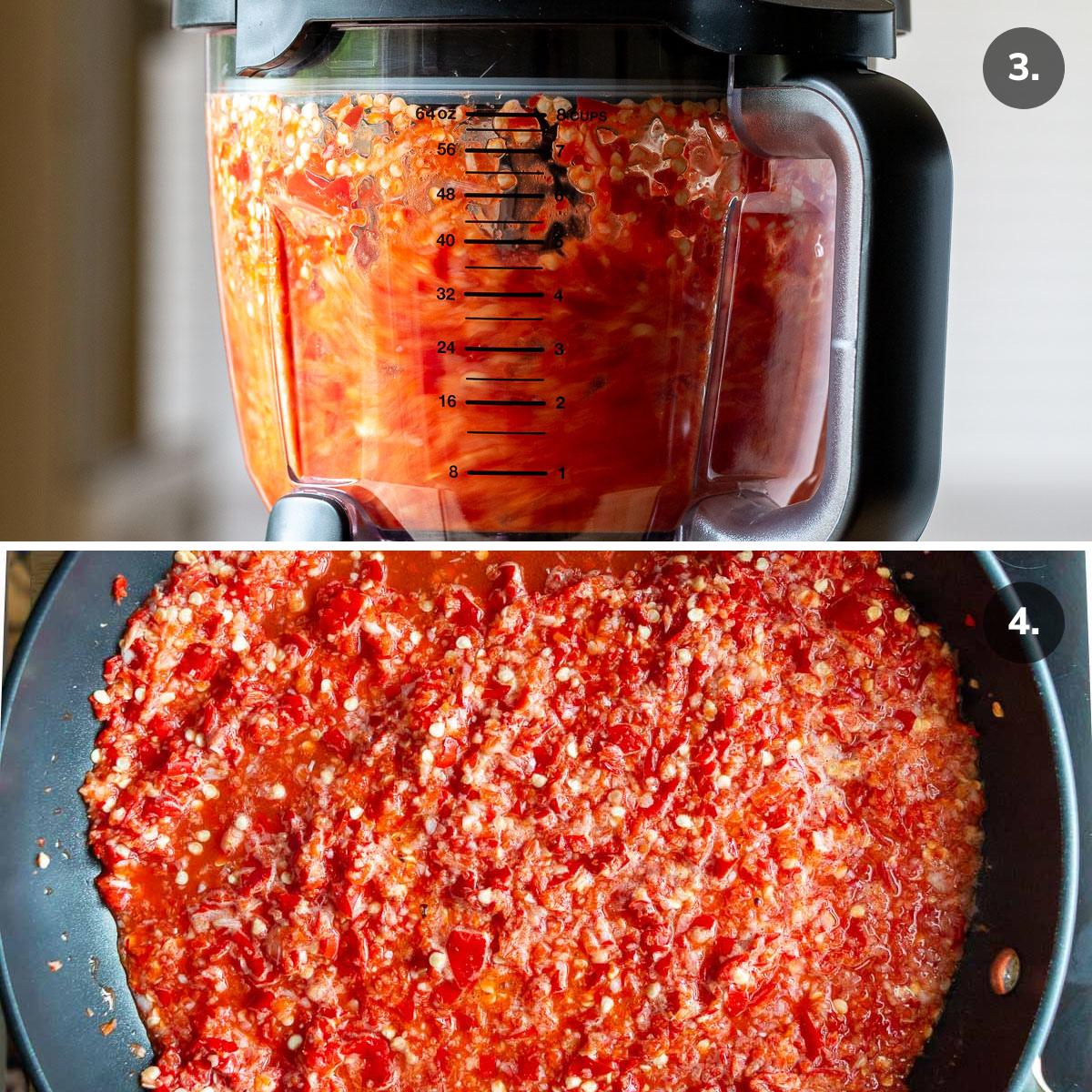 Pureeing garlic chili sauce in a blender and transferred into a pan.