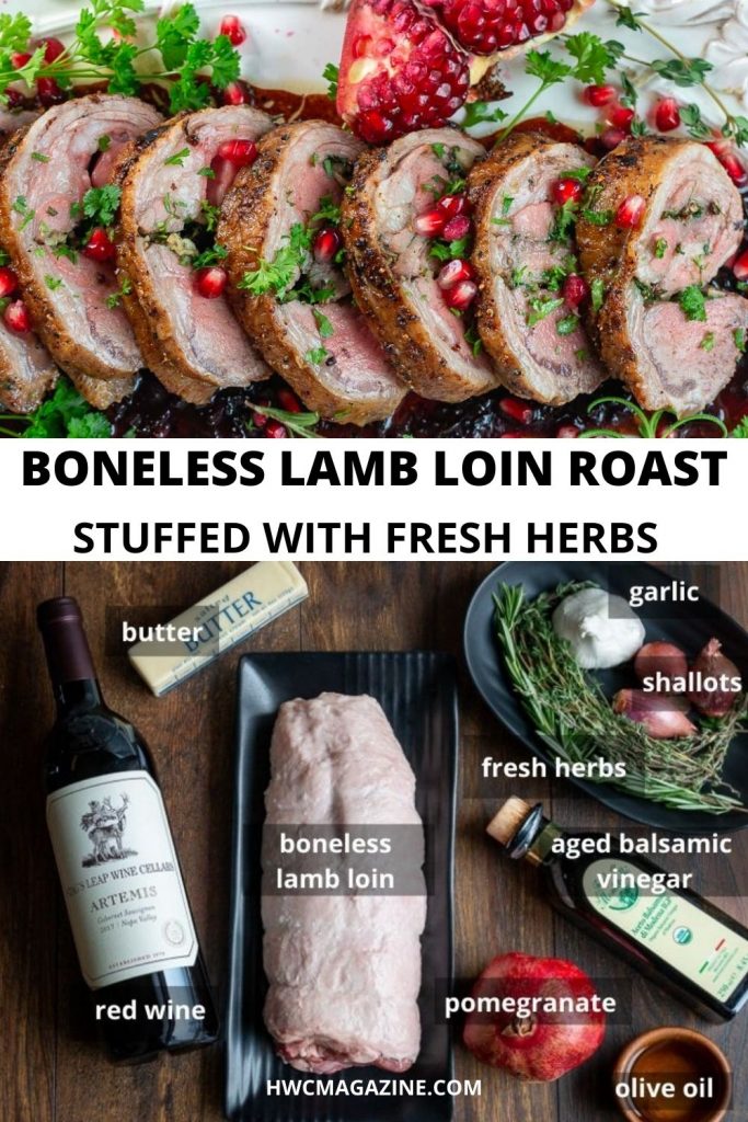 Boneless lamb loin roast stuffed with fresh herbs and ingredients on the bottom.