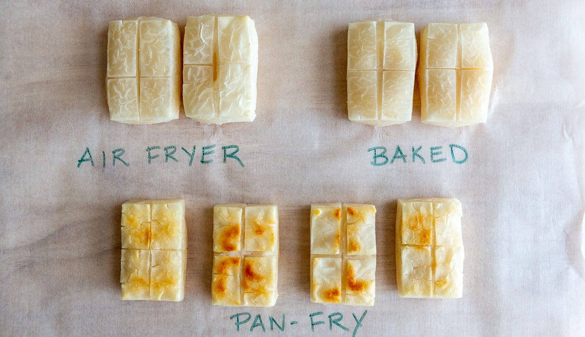 Air fryer, baked and pan fried mochi shown on a white parchment paper. 