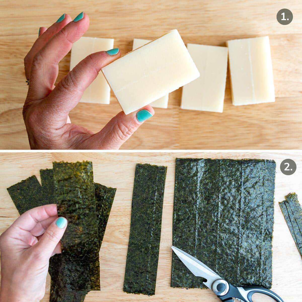Opening up kirimochi packages and cutting up nori.