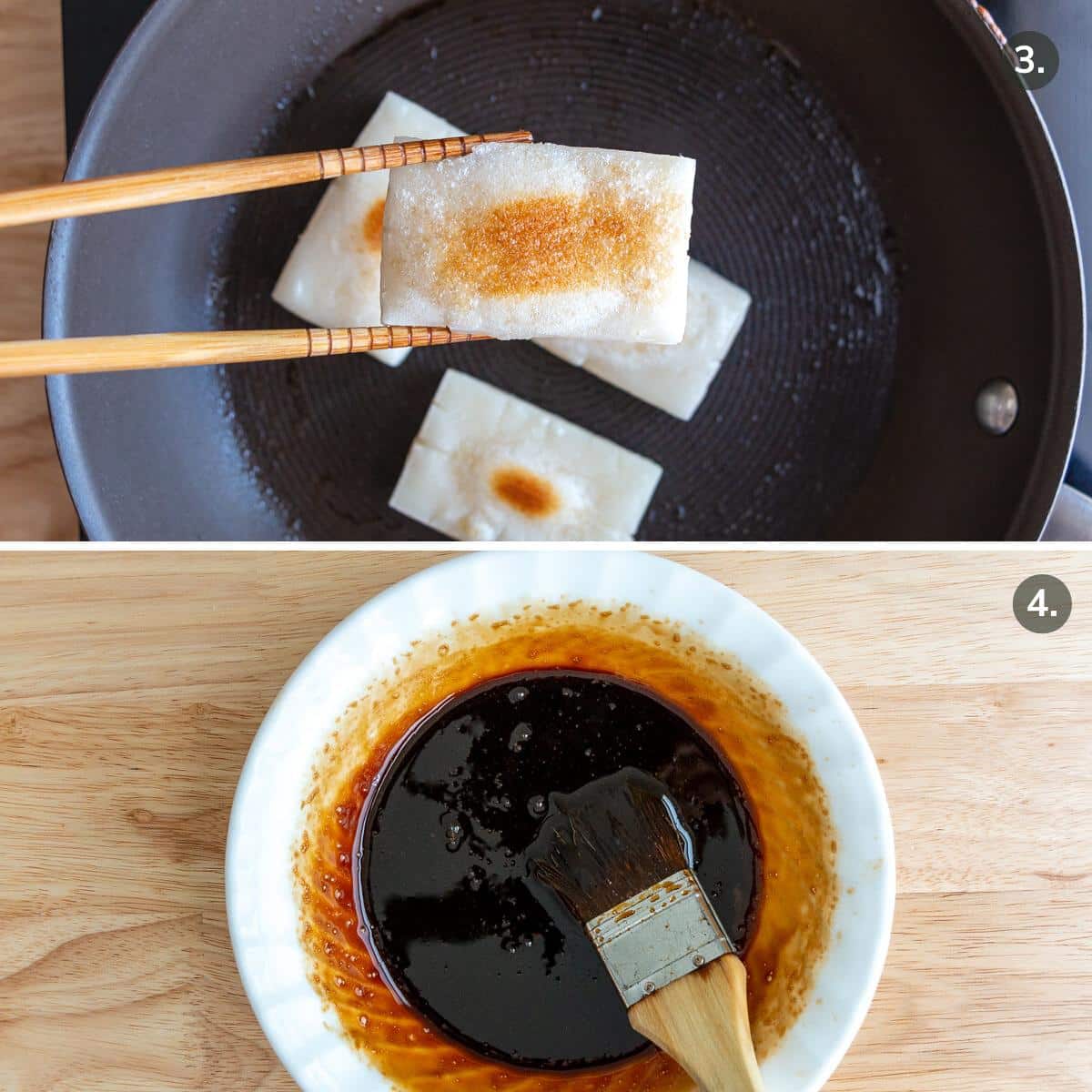 Pan frying mochi in a pan and making the sweet soy sauce glaze.