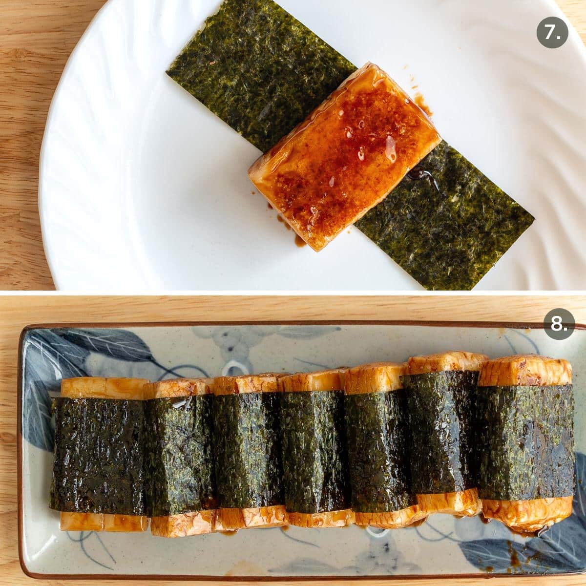 Glazed Japanese rice cakes glazed with sauce and getting rolled in dry roasted seaweed.