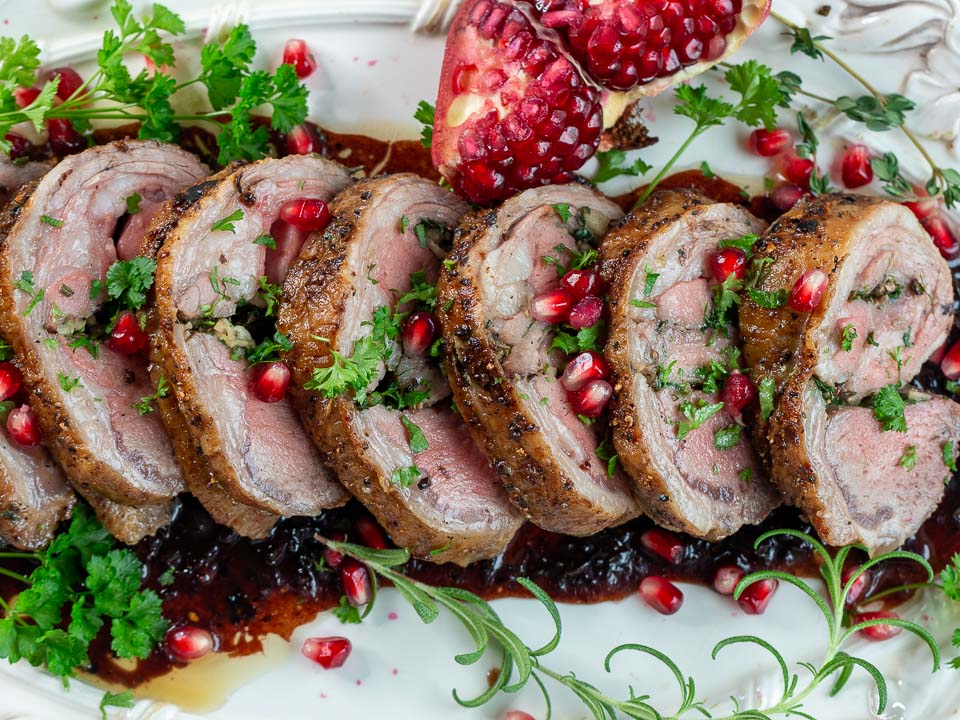 Lamb loin all decked out with garnishes and ready to serve.