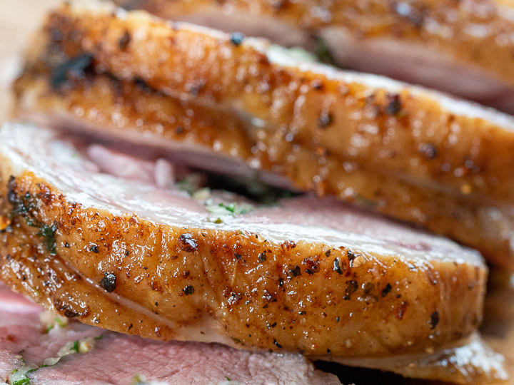 Lamb Loin Roast Recipe closeup of the slices.