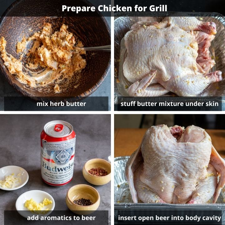 Steps to prepare the chicken for the grill.